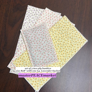 3 HANDKERCHIEF Handkerchieves Hankies Reusable Tissues Hankies Pink Lavender Yellow cottage flowers Handkerchiefs