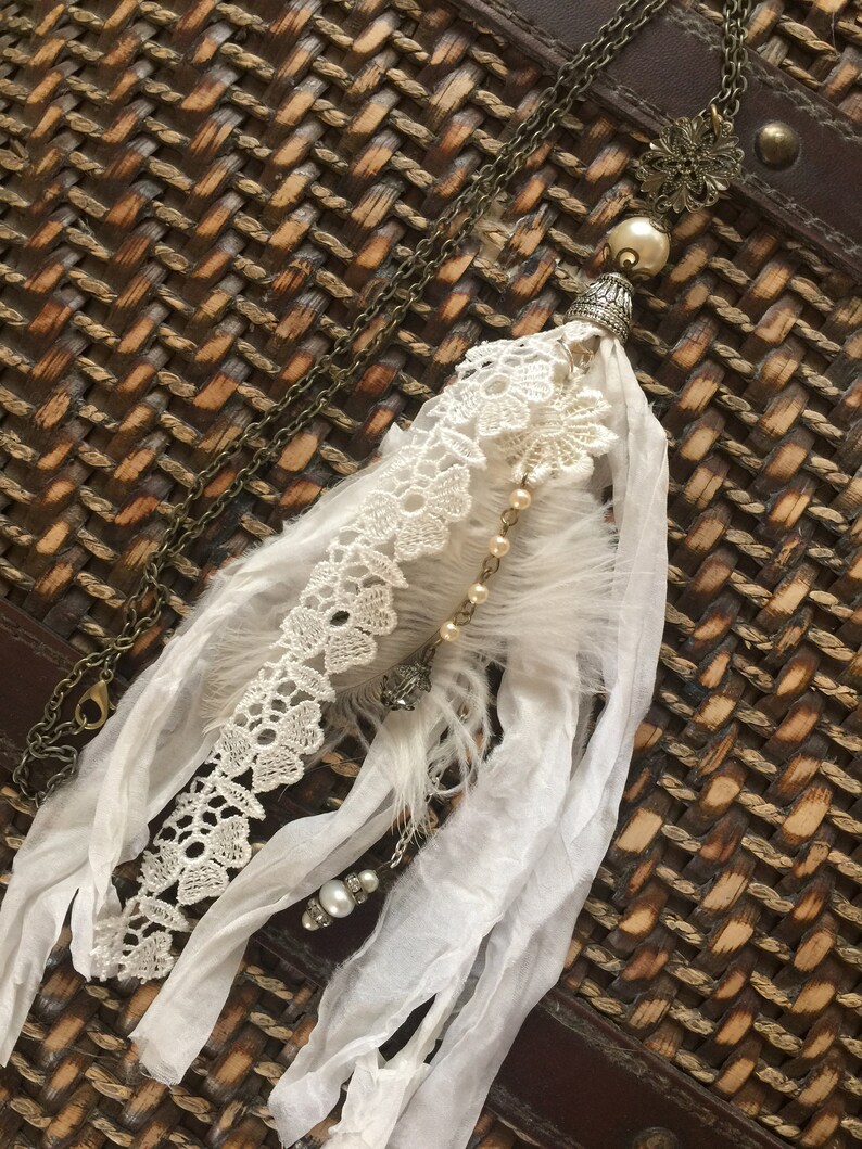Necklace Bohemian Silk Tassel Romantic White Bridal Statement Necklace Boho shabby chic Interchangeable Tassel Sari Silk Tassel