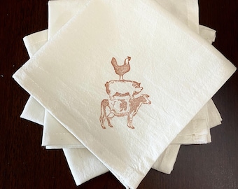 Napkins Farm Animals  Sackcloth Cotton Cloth Country Decor Handmade Country Chicken Pig Cow set of 4