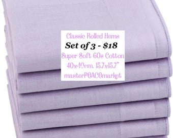 3 Classic Cotton Hankies LAVENDER Hankerchiefs, Reusable Tissues, Paperless Tissues, 60s Super Soft, Handkerchief, Extra Large - SET of 3