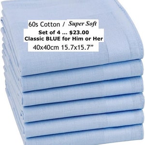 Set of 4 Blue Cotton Handkerchiefs: Soft 60s Hankies, Extra Large (15.7&quot; x 15.7&quot;)