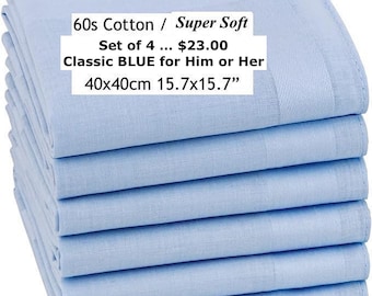 4 Classic Blue Hankerchiefs for Him or Her Super Soft Handkerchief, Reusable Tissue, Paperless Tissue, Set of 4 Four, Extra Large