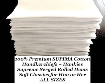 LUXURY Cotton Handkerchiefs, Men&#39;s Cotton Handkerchiefs, Women&#39;s Cotton Handkerchiefs, White SUPIMA Cotton Hankies, Soft, All Sizes