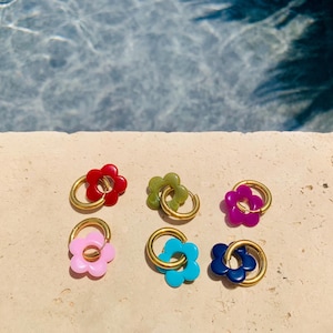 Stainless steel hoop earrings with acrylic flowers, Flower pendant earrings