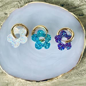 Stainless Steel Hoop Earrings with Glitter Flowers, Flower Pendant Earrings