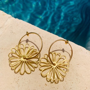 Gold Flower Earrings | Lightweight Dangling Hoops | Trendy Floral Jewelry | Gift Idea for Women