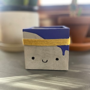 May include: A small, square concrete planter with a blue and gray paint design. The planter has a happy face drawn on the front and a yellow rope wrapped around the top.