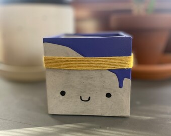 3" Square Flower Pot Friend // Pencil Holder // Yarn Wrapped Concrete Decor