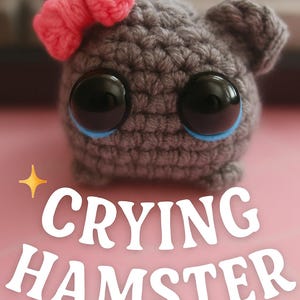 May include: A crocheted gray hamster with large black eyes and a pink bow. The text "CRYING HAMSTER" is displayed on a pink background. A yellow star and a pink heart are also present.