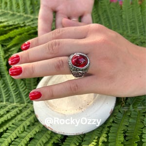 Gothic Red Gemstone Ring for Men and Women Vintage Silver Filigree Band Dark Academia Statement Jewelry Gift Idea