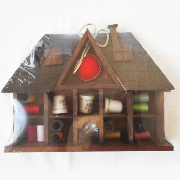 Vintage Sewing Kit House Wall Hanging Kit Scissors Thread Thimbles Display Case Wooden Miniature House Curio Shelf New Old Stock in Box