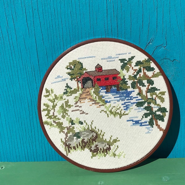 Covered Bridge Cross Stitch Picture 7” Round Framed Wall Decor Vintage Farmhouse