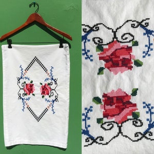 Vintage SMALL Embroidered Roses Pillowcase Off White Cross Stitch Handmade Pillow Case 17 X 25