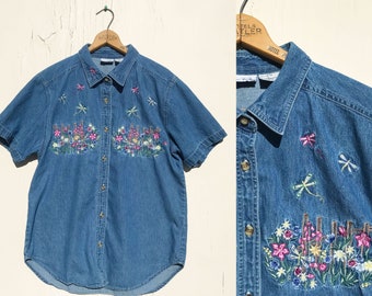 1990s Dragonflies Embroidered Chambray Shirt Button Up Short Sleeves Sz Large Vintage Cotton Top