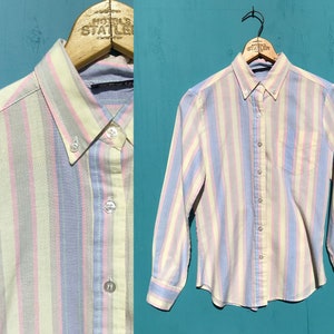 1980s Pastel Striped Oxford Shirt Long Sleeves Womens Button Down Size Medium w Pocket image 1