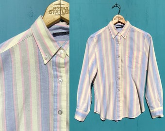 1980s Pastel Striped Oxford Shirt Long Sleeves Womens Button Down Size Medium w Pocket