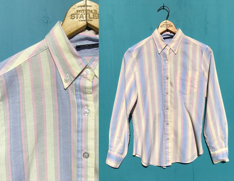 1980s Pastel Striped Oxford Shirt Long Sleeves Womens Button Down Size Medium w Pocket image 1