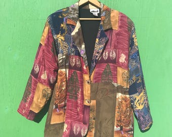 1990s Beaded Rayon Jacket Size Medium Vintage Patchwork Batik Style Blazer Brown Blue Autumn