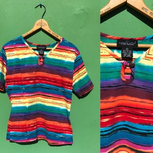 1990s Rainbow Keyhole Top Size Sm Med Short Sleeves Vintage Carole Little Cotton Knit