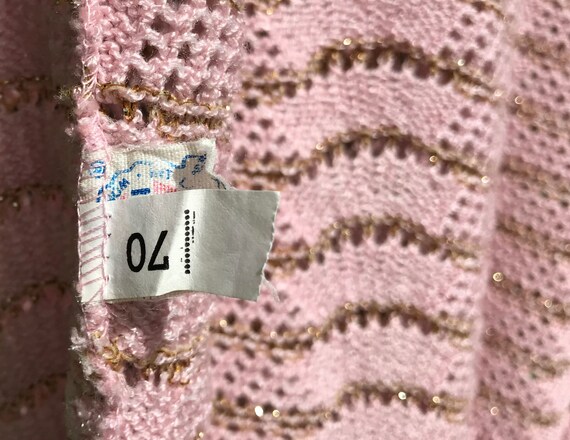 1980s Mauve Pink Crochet Sweater w Gold Threads D… - image 4