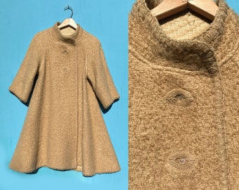 1960s Brown Boucle Swing Coat Vintage Wool Tent Coat w 3/4 Sleeves Size Medium