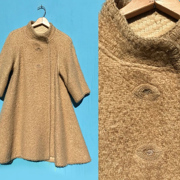 1960s Brown Boucle Swing Coat Vintage Wool Tent Coat w 3/4 Sleeves Size Medium