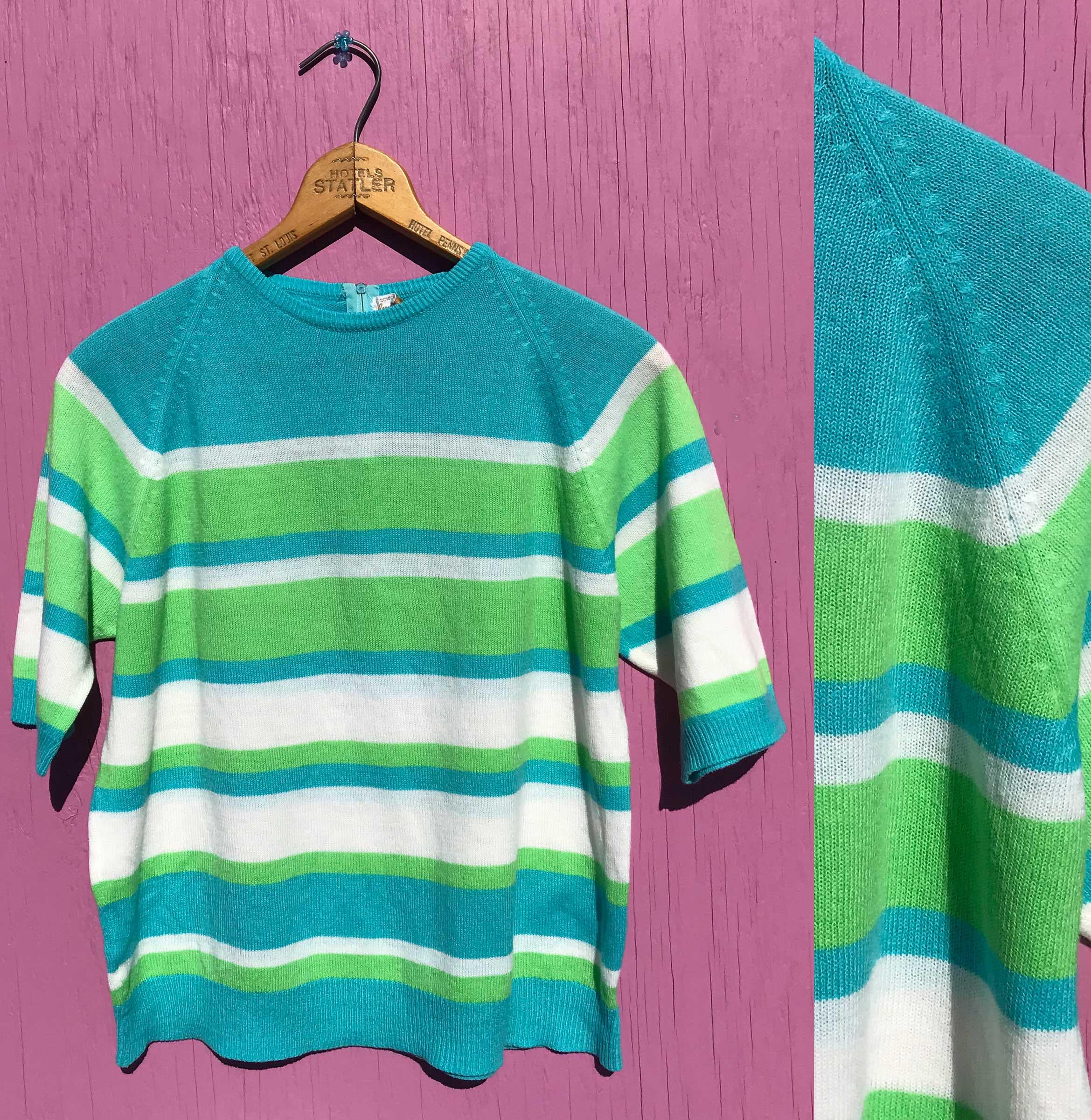 トップス 70s green Acryl knit made in USA 1970s Striped Pullover Top Blue Green White Size Large Spring