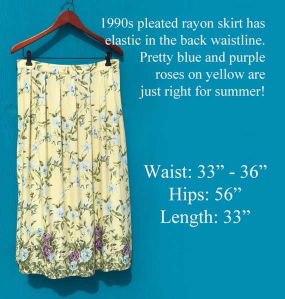 1990s Floral Rayon Skirt Elastic Waist Yellow w B… - image 8