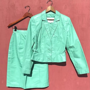 80s Mint Leather Suit Skirt and Cropped Jacket 2 Piece Sz Small Straight Skirt Seafoam Green