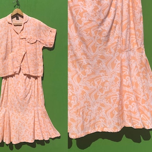 1980s Pale Orange Top and Skirt Set Abstract Print Rayon 2 Piece Sz Small Medium Asymmetrical Shirt Fishtail Mermaid Skirt