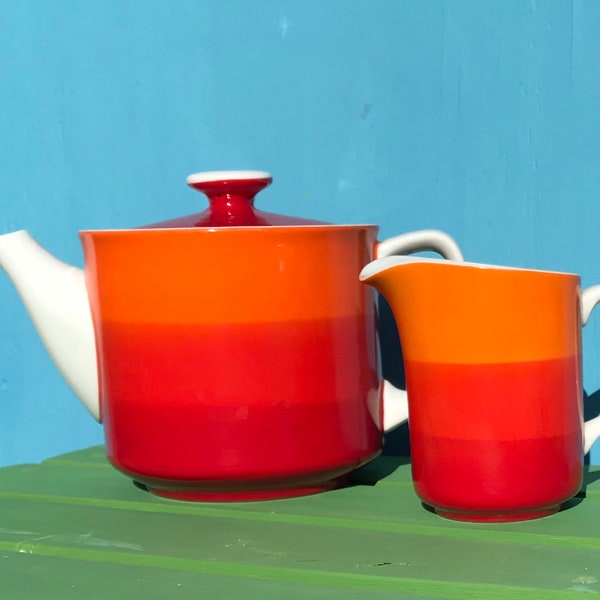 Vintage Red Striped Tea Pot Ceramic MCM Retro Holt Howard Teapot Orange White w Creamer