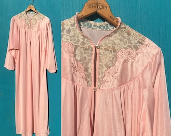 Vintage Peach Pink Peignoir Robe Full Length Lace Trim Bell Sleeves Size  Small Lingerie