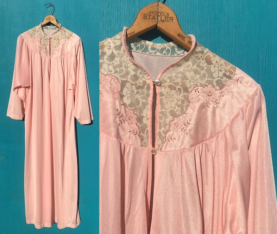 Vintage Peach Pink Nylon Robe Full Length Lace Trim Bell Sleeves  