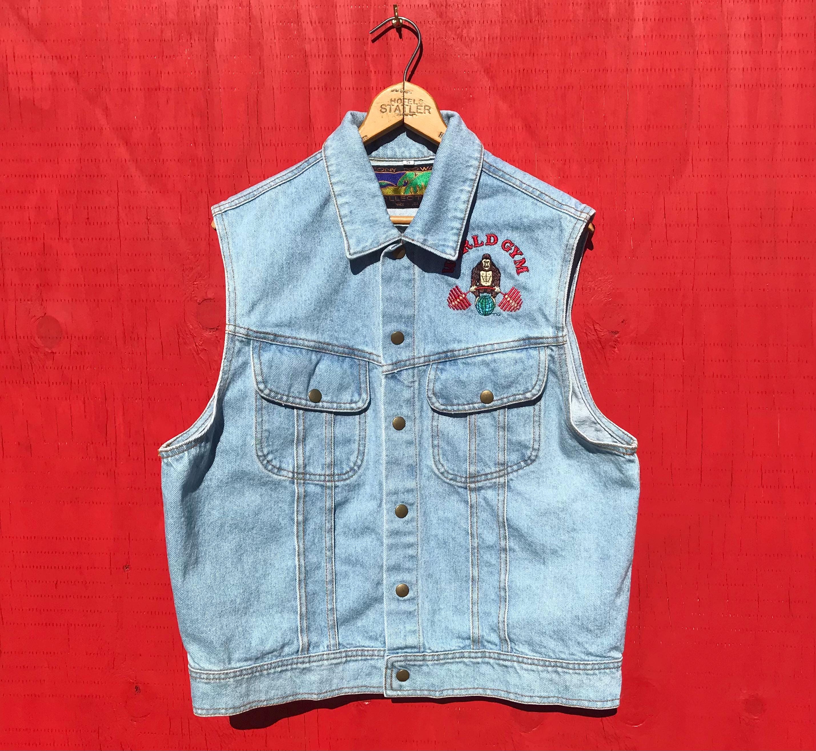 Y2K World Gym Denim Vest Size Men's Sm Vintage Embroidered Button