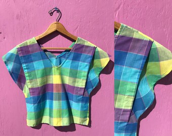 1980s Summer Crop Top Rainbow Plaid Size Extra Small Vintage Cap Sleeve