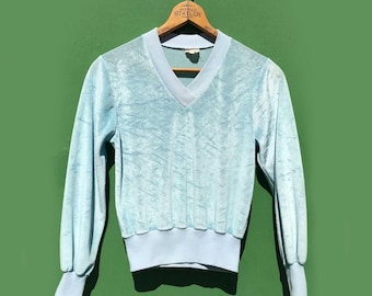 May include: A light blue vintage velour sweater with a V-neck and long sleeves. The sweater has ribbed cuffs and a ribbed hem. The garment is hanging on a wooden hanger against a green background. The hanger has the text "HOTELS STATLER" printed on it.