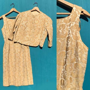 1960s Gold Dress and Jacket Sleeveless Sheath Cropped Size Small