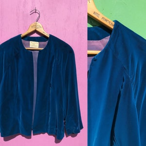 Vintage Blue Velvet Jacket Lined 3/4 Sleeves Royal Blue Size Med Handmade