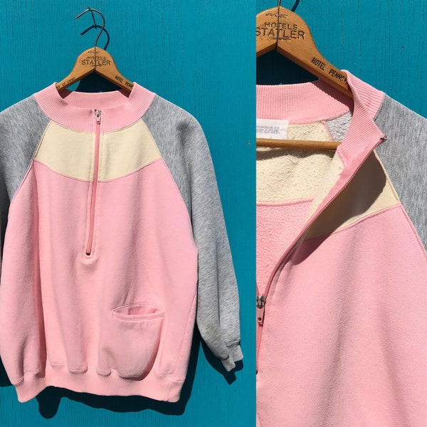1980s Color Block Sweatshirt Pullover Size Medium Fleece Inside Vintage Parial Zip