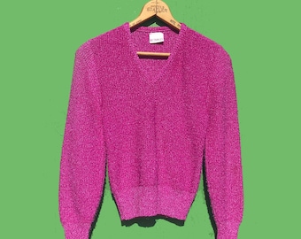 1980s Raspberry Pink Sweater Top Size Extra Small V Neck Long Sleeves Pullover Vintage Fuchsia