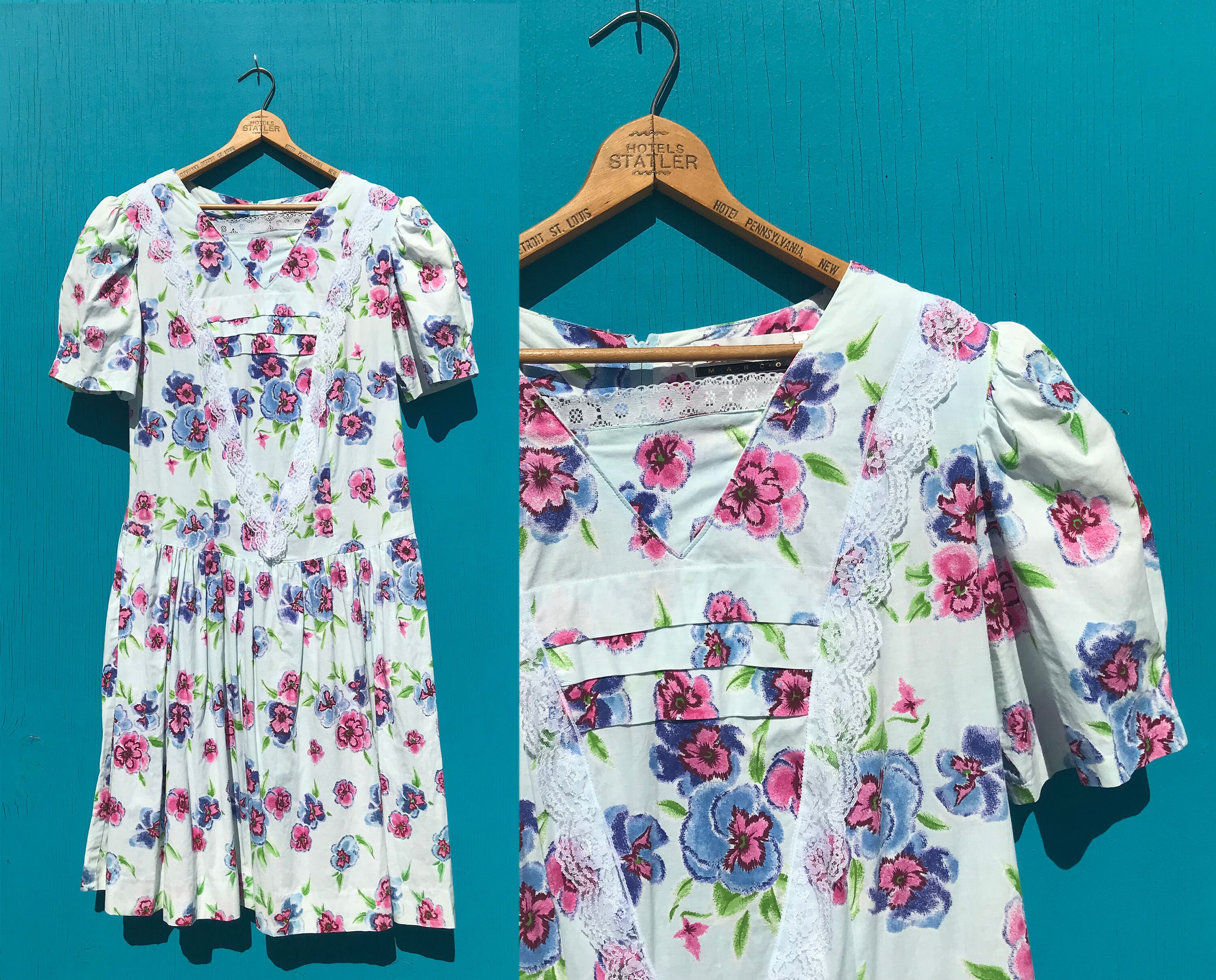 1980s Puff Sleeve Floral Dress Chintz Print Lace Trim Blue Pink