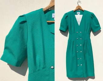1980s Teal Green Dress Vintage Size Medium Poly Cotton Button Up w Detachable Vestee Short Sleeves