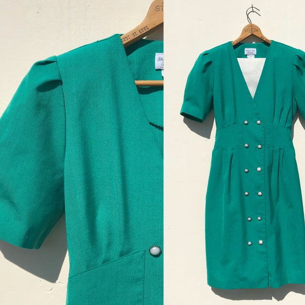 1980s Teal Green Dress Vintage Size Medium Poly Cotton Button Up w Detachable Vestee Short Sleeves