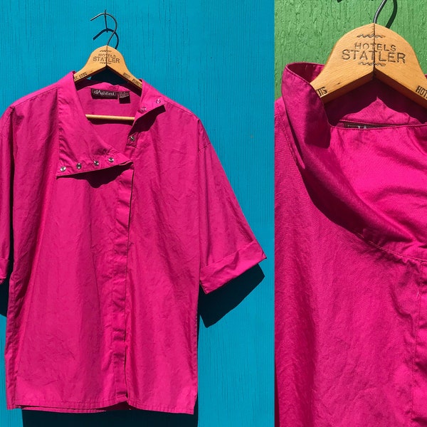 1980s Asymmetrical Cotton Shirt Fuchsia Bright Pink Vintage Top Snap Funnel Neck Size Small Drop Shoulder Short Half Sleeves