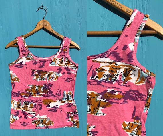 1980s Pink Tank Top Cami Vintage Vacation Sailboa… - image 1