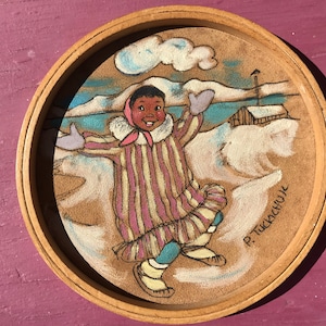 Vintage Native Alaska Painting on Leather Small 6&quot; Round Happy Child 1960s P Tuckichuk