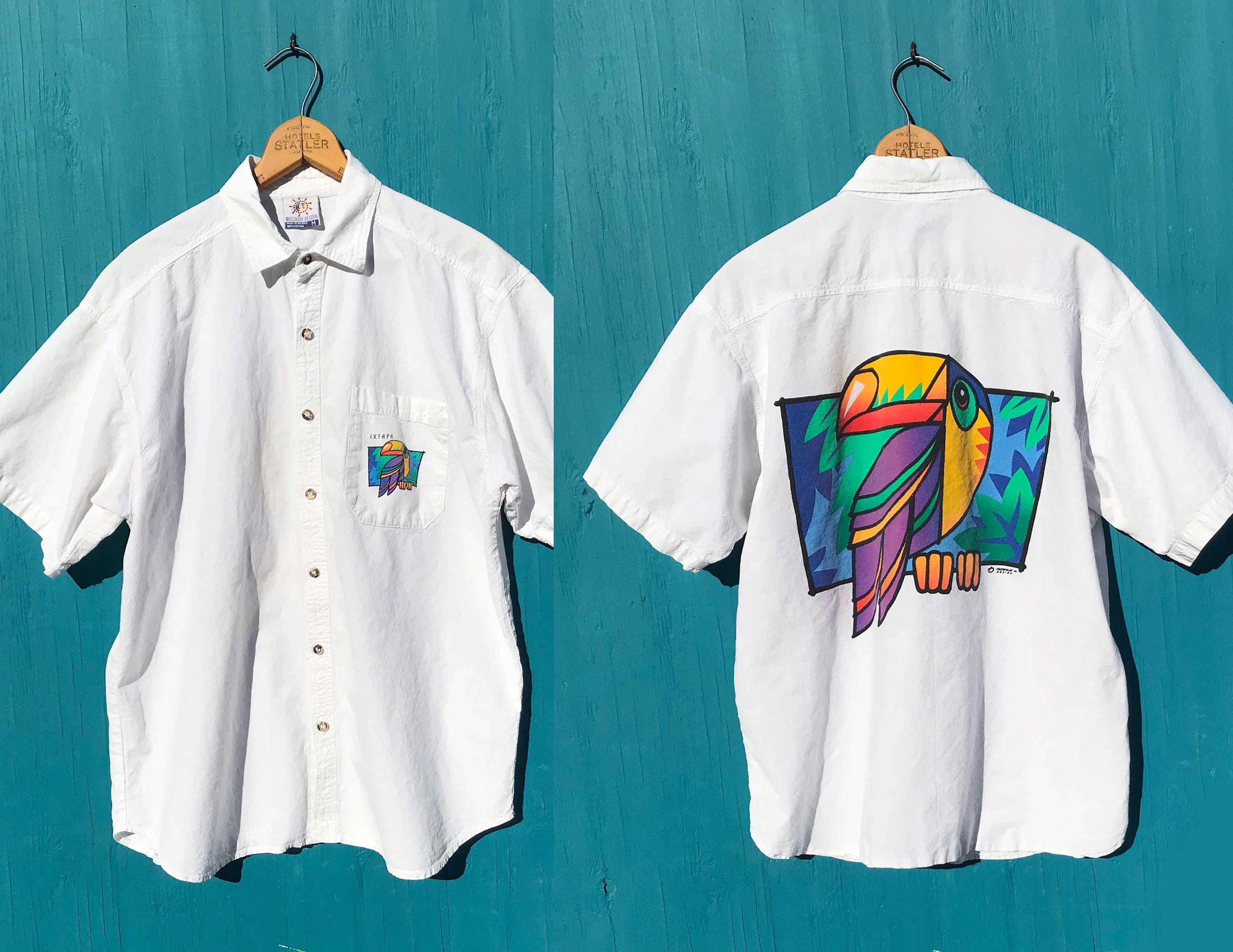 1990s Ixtapa Parrot Shirt Short Sleeve White Cotton Vintage
