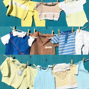 Mid Century Baby Toddler Wardrobe Vintage Doll Clothes Lot 12 Pieces Blue Brown Yellow Neutral Rompers Tops Leggings
