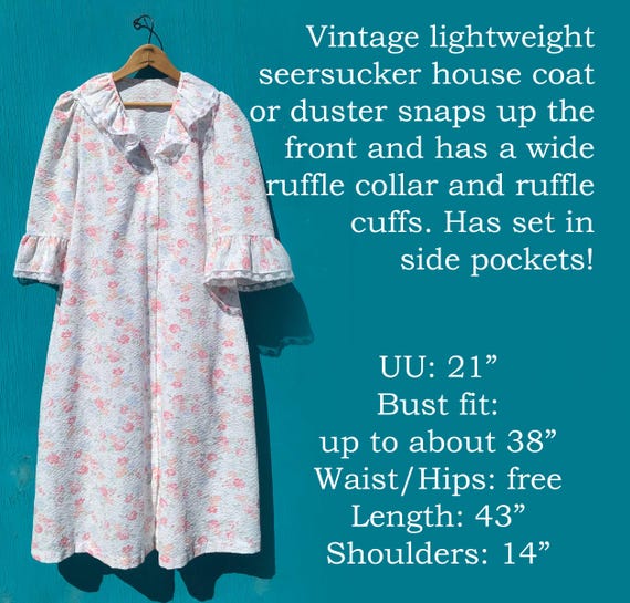 Vintage Housecoat Duster Floral Ruffles Seersucke… - image 2