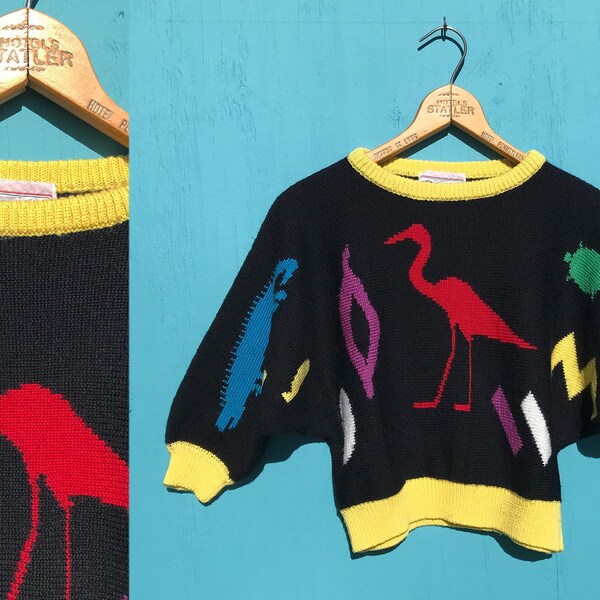 1980s Neon Bright Sweater Pullover Black Pink Green Blue Flamingo Alligator Turtles Acrylic Wool Blend Childrens Medium Large